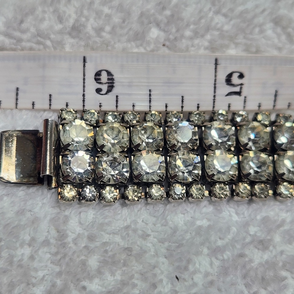 Vintage Four Row Clear Rhinestone Silver Tone Bracelet Formal Bridal Statement - Picture 7 of 13